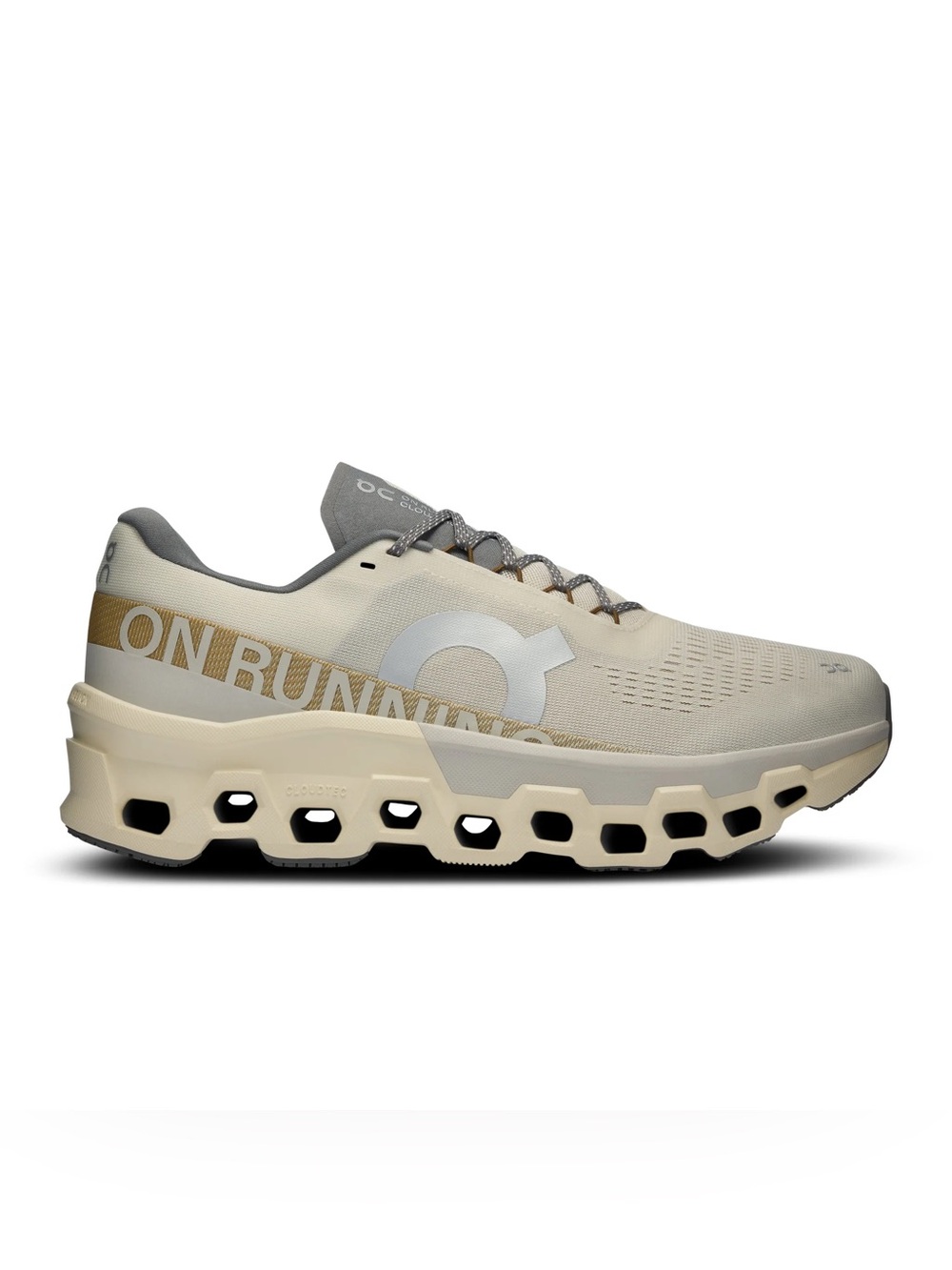 On Running Men's Cloudmonster Sneaker - Cream & Gray with Gold Logo